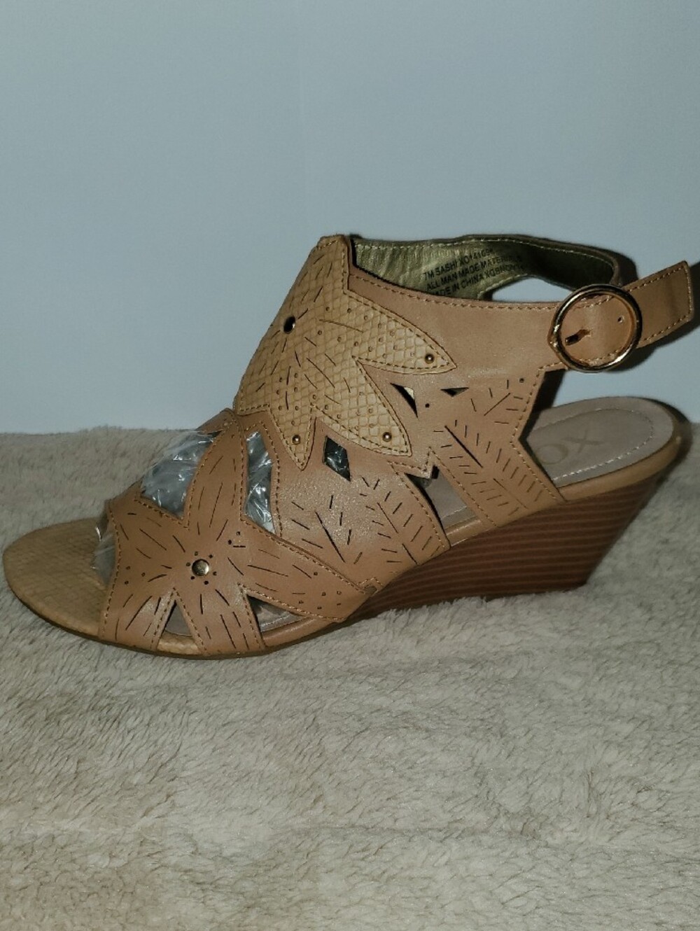 XOXO Tan Cutout Wedge Sandals with Ankle Ring